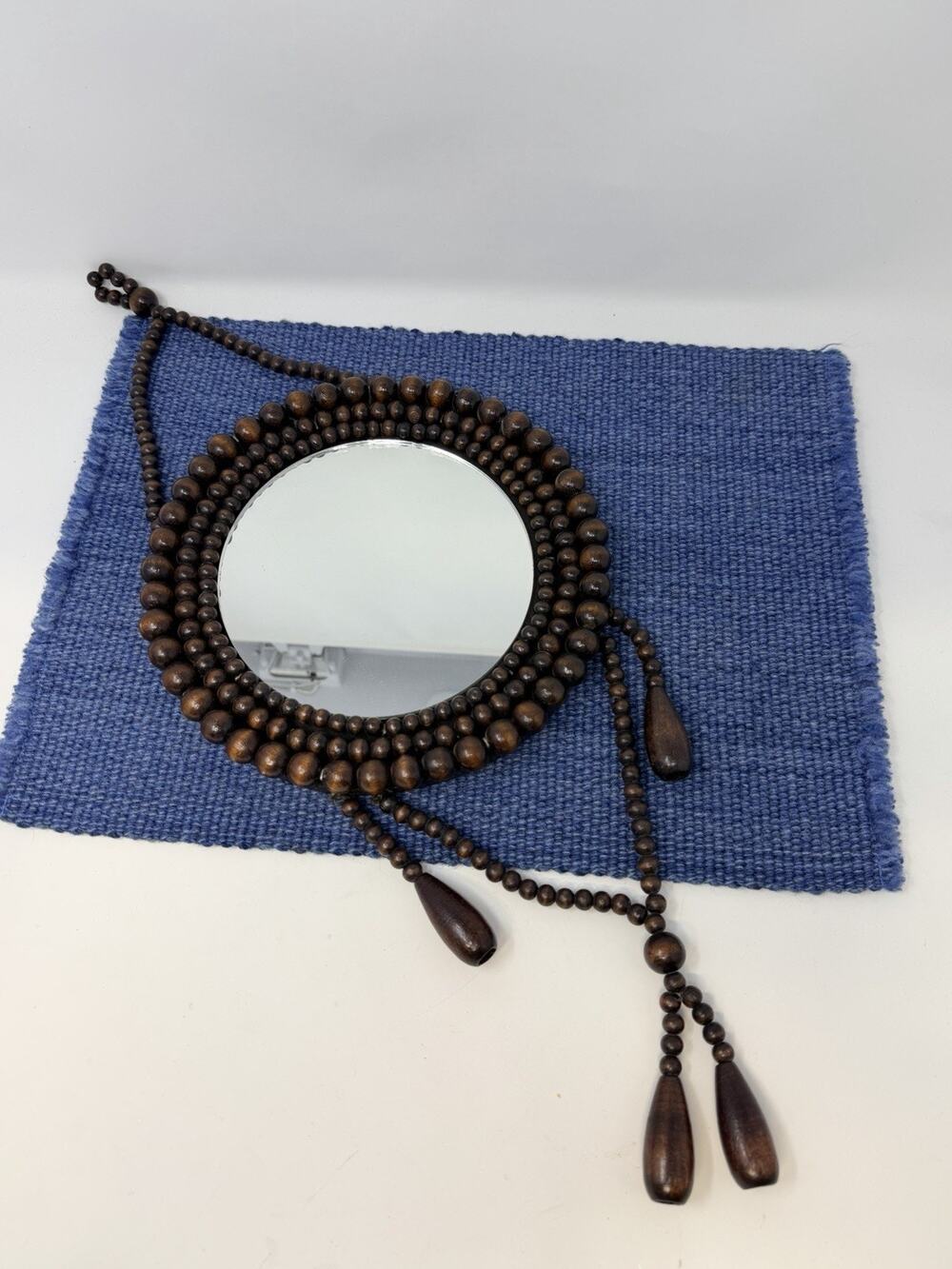 Bohemian Wooden Beaded Wall Mirror with Tassels Mirror Is 7"×5"